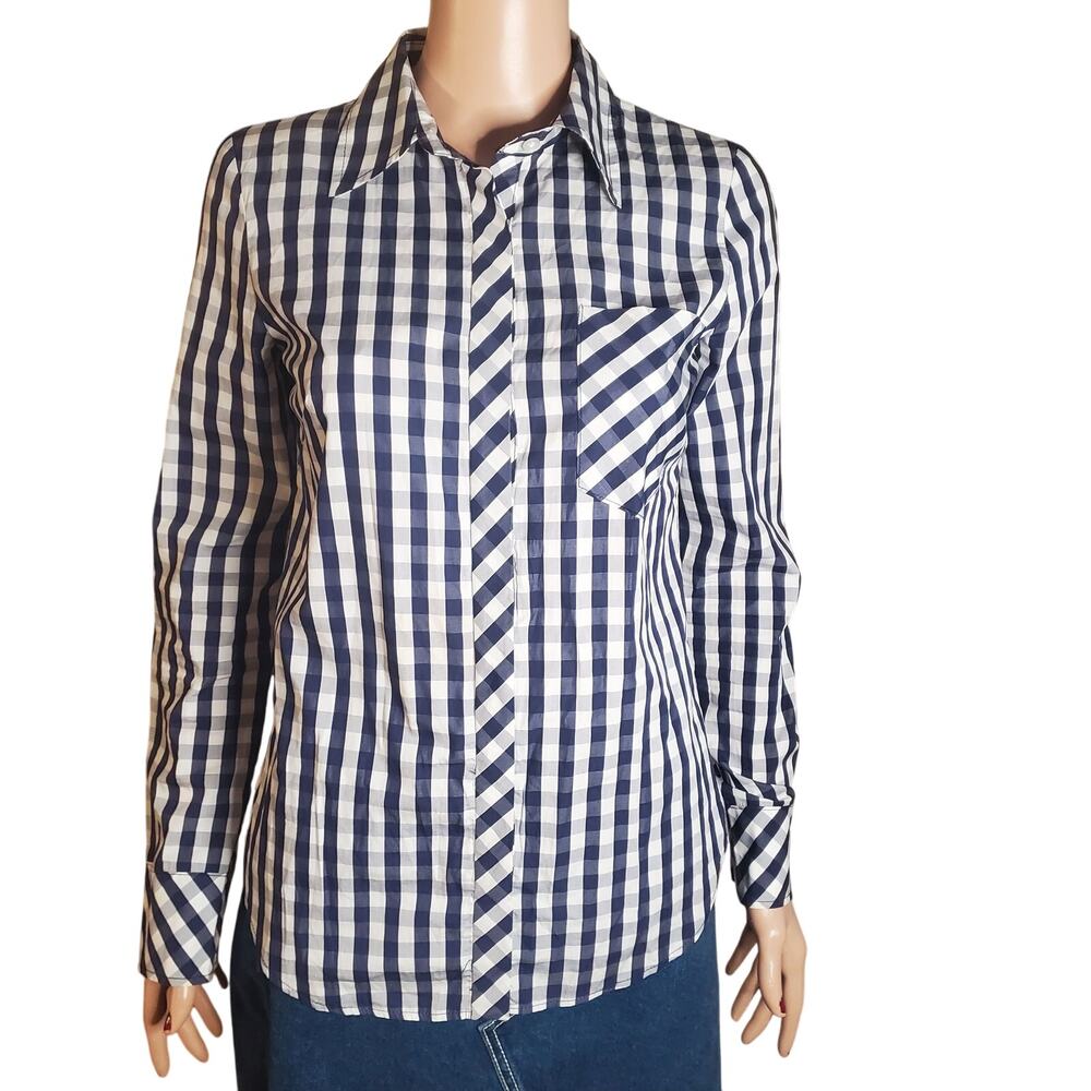 Milly of New York Size 2 Button Front Shirt Blue White Gingham Cotton FLAW